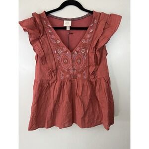 NWT Knox Rose Boho Burnt Orange Embroidered Blouse W Ruffled Sleeves Size M